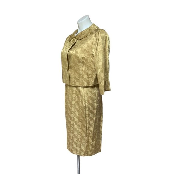 Vintage 1950s Women's Dress Set Gold Brocade Satin Roses 2 Piece Medium - Picture 3 of 13